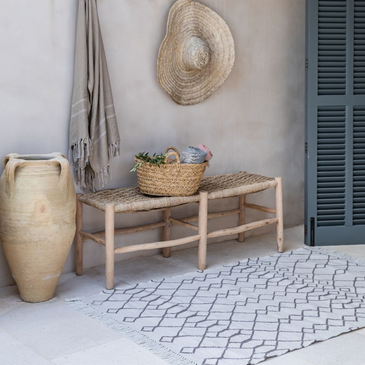Washable recycled yarn rug in soft geometric pattern for entrance styling