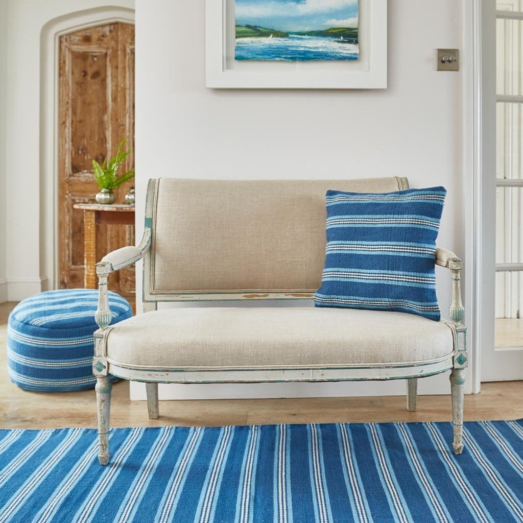 Santorini Henley Stripe Cushion on bench seat with matching rug and footstool