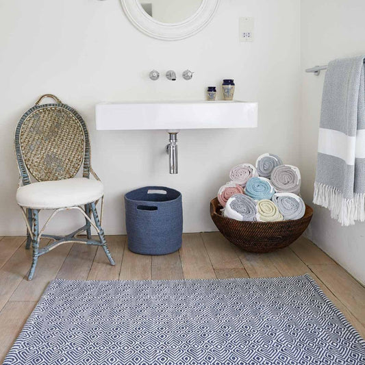 Navy Provence Rug in bathroom