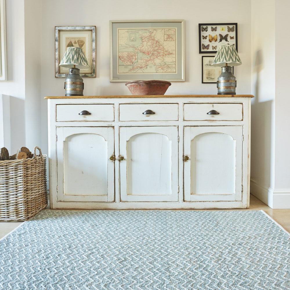 Chenille Dove Grey Rug with sideboard